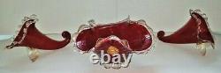 Antique Victorian Ruby Red Gold Infused Rigaree Blown Glass 3pc Horns & Bowl Set