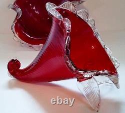 Antique Victorian Ruby Red Gold Infused Rigaree Blown Glass 3pc Horns & Bowl Set