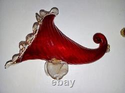 Antique Victorian Ruby Red Gold Infused Rigaree Blown Glass 3pc Horns & Bowl Set