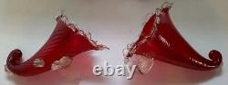 Antique Victorian Ruby Red Gold Infused Rigaree Blown Glass 3pc Horns & Bowl Set