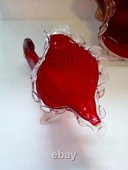 Antique Victorian Ruby Red Gold Infused Rigaree Blown Glass 3pc Horns & Bowl Set