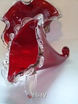 Antique Victorian Ruby Red Gold Infused Rigaree Blown Glass 3pc Horns & Bowl Set