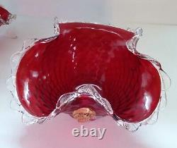 Antique Victorian Ruby Red Gold Infused Rigaree Blown Glass 3pc Horns & Bowl Set