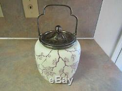 Antique Victorian Satin Glass Biscuit Jar White/purple Floral Mt Washington