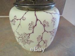 Antique Victorian Satin Glass Biscuit Jar White/purple Floral Mt Washington