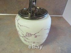 Antique Victorian Satin Glass Biscuit Jar White/purple Floral Mt Washington