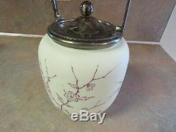Antique Victorian Satin Glass Biscuit Jar White/purple Floral Mt Washington