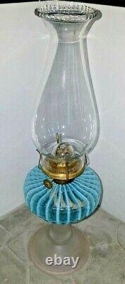 Antique Victorian Sheldon Swirl Blue & White Opalescent Glass Radiant Oil Lamp