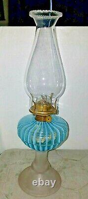 Antique Victorian Sheldon Swirl Blue & White Opalescent Glass Radiant Oil Lamp