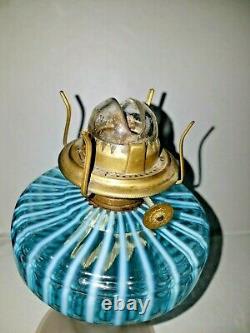 Antique Victorian Sheldon Swirl Blue & White Opalescent Glass Radiant Oil Lamp