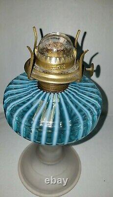 Antique Victorian Sheldon Swirl Blue & White Opalescent Glass Radiant Oil Lamp