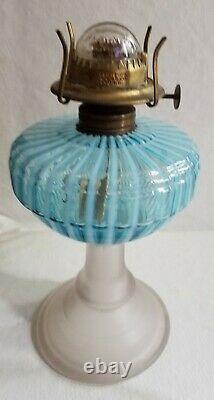 Antique Victorian Sheldon Swirl Blue & White Opalescent Glass Radiant Oil Lamp