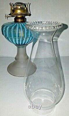 Antique Victorian Sheldon Swirl Blue & White Opalescent Glass Radiant Oil Lamp