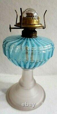 Antique Victorian Sheldon Swirl Blue & White Opalescent Glass Radiant Oil Lamp