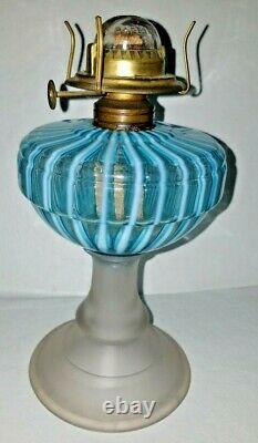 Antique Victorian Sheldon Swirl Blue & White Opalescent Glass Radiant Oil Lamp