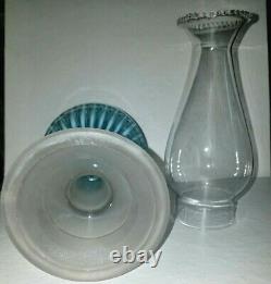 Antique Victorian Sheldon Swirl Blue & White Opalescent Glass Radiant Oil Lamp