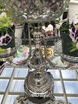 Antique Victorian Silver Plate Epergne Centerpiece with Cut Glass Center Bowl