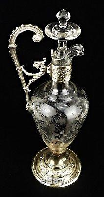 Antique Victorian Silver Plate Figural Etched Glass Art Nouveau Ewer Claret Jug