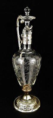 Antique Victorian Silver Plate Figural Etched Glass Art Nouveau Ewer Claret Jug