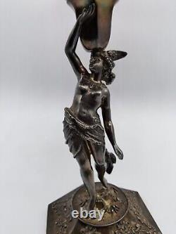Antique Victorian Silverplate Nude Woman Stand Art Glass Basket Aurora Warranted