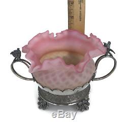 Antique Victorian Silverplated Bride's Basket Pink Diamond Quilted Satin Glass