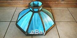 Antique Victorian Slag Stain Opalescent Glass Panel Art Deco Hanging Lamp Shade