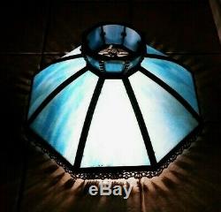 Antique Victorian Slag Stain Opalescent Glass Panel Art Deco Hanging Lamp Shade