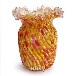 Antique Victorian Spatter Vase Cased Glass Pink Yellow Orange Ruffled Rim 5.5