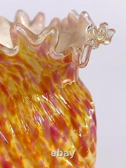 Antique Victorian Spatter Vase Cased Glass Pink Yellow Orange Ruffled Rim 5.5