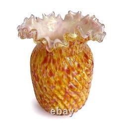 Antique Victorian Spatter Vase Cased Glass Pink Yellow Orange Ruffled Rim 5.5