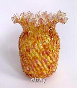 Antique Victorian Spatter Vase Cased Glass Pink Yellow Orange Ruffled Rim 5.5