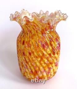 Antique Victorian Spatter Vase Cased Glass Pink Yellow Orange Ruffled Rim 5.5