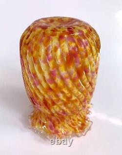 Antique Victorian Spatter Vase Cased Glass Pink Yellow Orange Ruffled Rim 5.5