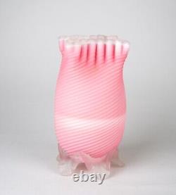 Antique Victorian Spiral Ribbed Pink Satin Glass Vase Applied Foot & Crimped Rim