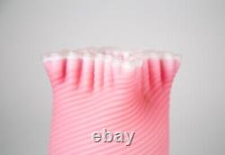 Antique Victorian Spiral Ribbed Pink Satin Glass Vase Applied Foot & Crimped Rim