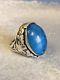 Antique Victorian Sterling Silver Blue Art Glass Stone Carved Solitaire Ring