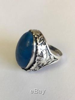 Antique Victorian Sterling Silver Blue Art Glass Stone Carved Solitaire Ring