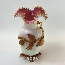 Antique Victorian Stevens & Williams Cased Pink Art Glass Applied Floral Vase