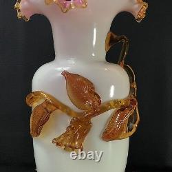 Antique Victorian Stevens & Williams Cased Pink Art Glass Applied Floral Vase