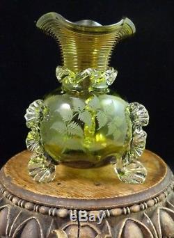 Antique Victorian Stevens & Williams Green Etched Art Glass Vase Applied Threads