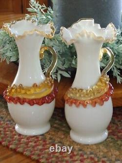 Antique Victorian Stevens and Williams Art Glass Pair of HandledVases with Rigaree