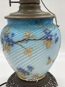 Antique Victorian Threaded Art Glass Blue Electrified Oil Lamp Hand Painted RARE