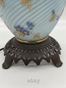 Antique Victorian Threaded Art Glass Blue Electrified Oil Lamp Hand Painted RARE