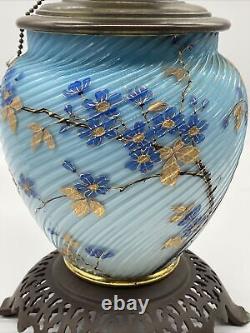 Antique Victorian Threaded Art Glass Blue Electrified Oil Lamp Hand Painted RARE