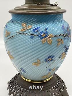 Antique Victorian Threaded Art Glass Blue Electrified Oil Lamp Hand Painted RARE