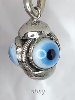 Antique Victorian Triple Evil Eye Silver Pendant Blue Glass Eyes Vintage Charm