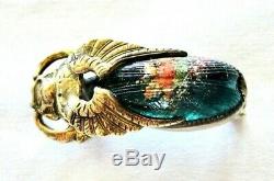 Antique Victorian Unusual Sculptural Gold F. Art Glass Scarab Beetle Brooch Pin