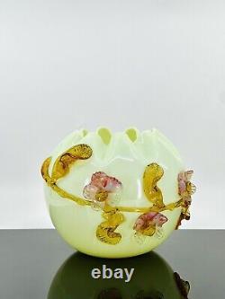 Antique Victorian Uranium Custard Ivory Blown Glass Rose Bowl Applied Flowers