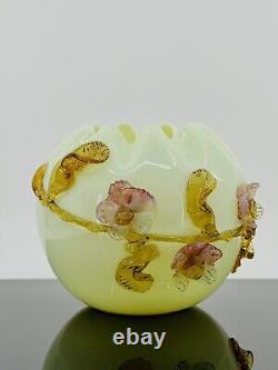 Antique Victorian Uranium Custard Ivory Blown Glass Rose Bowl Applied Flowers