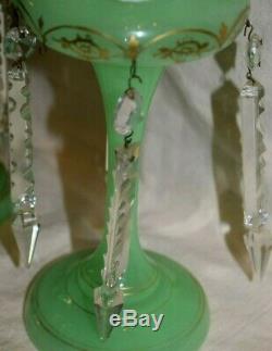 Antique Victorian Uranium Glass Bohemian Mantel Prism Fireplace Lusters